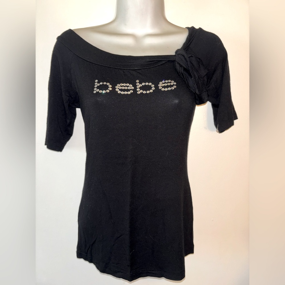 Women’s Small Short sleeve, Bebe rhinestone bow front tie shirt top blouse